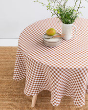 Round linen tablecloth in Cinnamon gingham